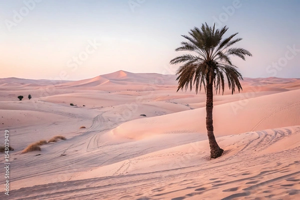 Fototapeta Desert palm tree at sunrise in sand dunes