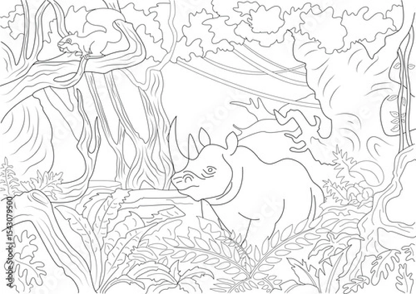 Fototapeta Rhino in Jungle Line Art Illustration for Coloring Book, Black and white line art illustration featuring a rhinoceros amidst dense jungle foliage with trees, vines, and ferns. A small animal, 