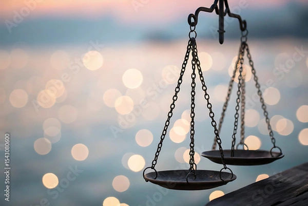 Fototapeta Antique scales at sunset with bokeh background