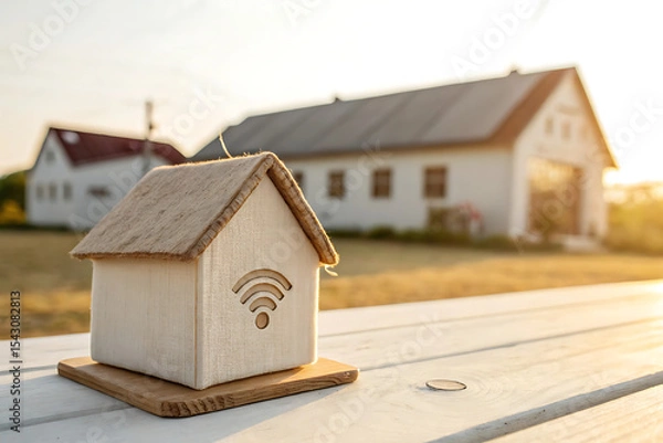 Fototapeta Smart home concept rural setting wifi house model