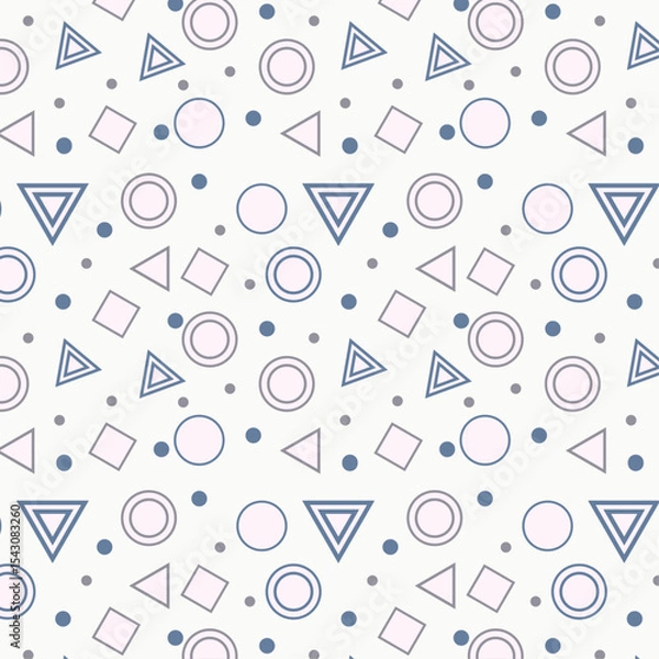 Fototapeta Seamless Geometric Pattern Featuring Pink Circles, Gray Triangles, Blue Dots