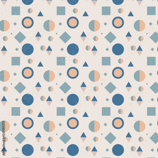 Fototapeta Seamless Geometric Pattern with Blue Diamonds, Squares, and Peach Circles