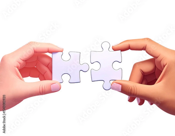 Fototapeta Hands Connecting White Jigsaw Puzzle Pieces on White Background and Selection, Teamwork and Solution, Partnership and Unity Symbolized by Jigsaw