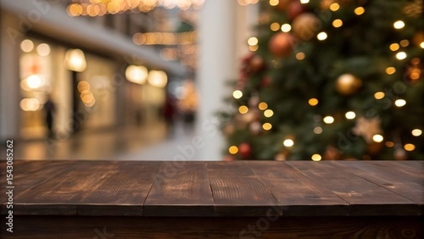 Fototapeta Dark wooden tabletop with blurred festive background of christmas tree and shopping mall