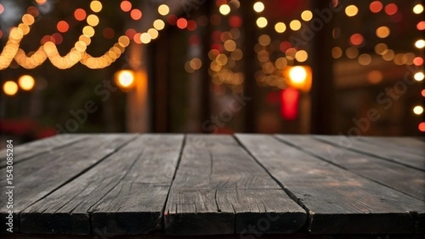 Fototapeta Rustic wooden tabletop with blurred festive lights background