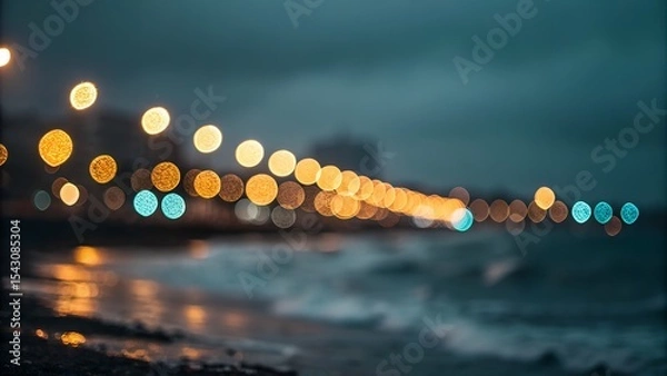Fototapeta Bokeh lights over coastal waves at dusk