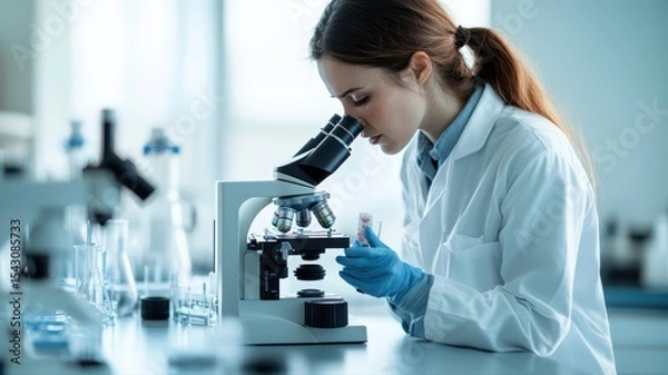 Fototapeta Researcher in Laboratory Examining Gut Microbiome Samples Under Microscope with Focused Expression and Laboratory Equipment in Background