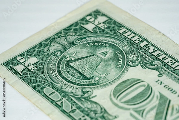 Obraz Sideways macro of big letters ONE with pyramid on one dollar US America currency bill on white background 2