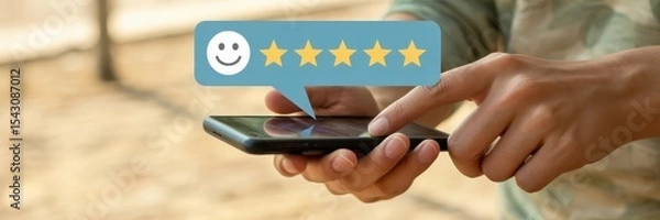 Fototapeta Person using a smartphone to give a positive online review.
