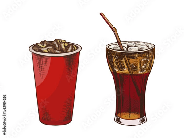 Fototapeta Hand drawn vintage sketch of iced fizzy drinks in paper and glass cups with ice, color vector illustration