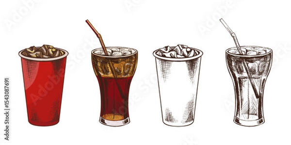 Fototapeta Hand drawn vintage sketch of iced soda and soft drinks in paper and glass cups, color and monochrome set