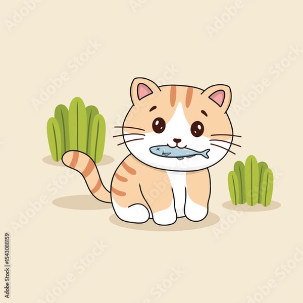 Obraz Cute cat eating fish cartoon vector illustration
