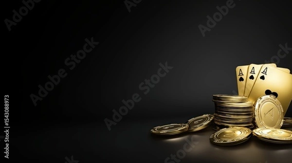 Obraz Aces and Gold: High-stakes poker concept featuring a winning hand of aces alongside a stack of golden coins, set against a moody backdrop