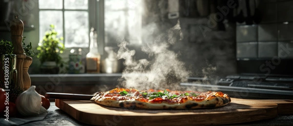 Fototapeta Slicing a freshly baked pizza on a rustic cutting board in a cozy kitchen high-fidelity image