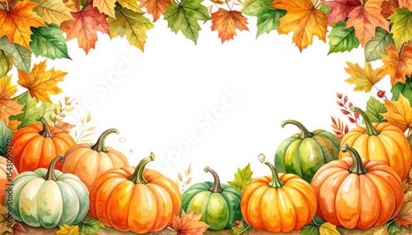 Fototapeta Ripe orange pumpkin and colorful autumn leaves on white background