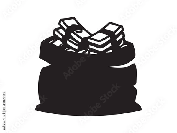 Fototapeta Vector isolated big bag of money bills cash stack colorless black and white outline silhouette shadow shape stencil solid black