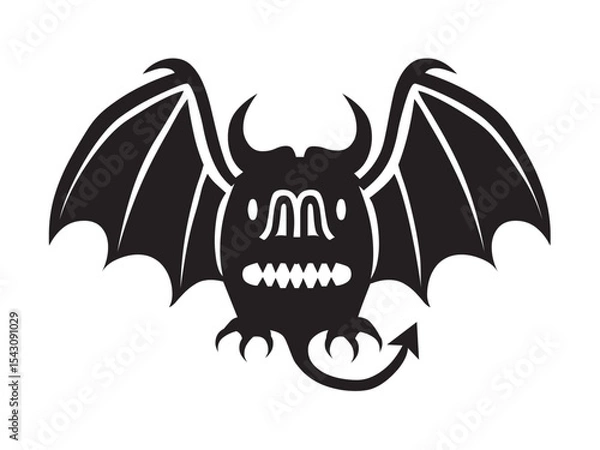 Fototapeta Vector isolated one single winged monster vampire bat with fangs devil bat colorless black and white outline silhouette shadow shape stencil solid black