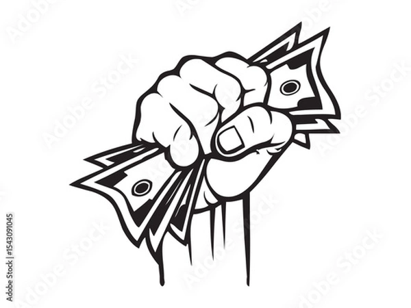 Fototapeta Vector isolated bills in fist, bills in hand, money in hand, dollars cash colorless black and white outline silhouette shadow shape stencil solid black