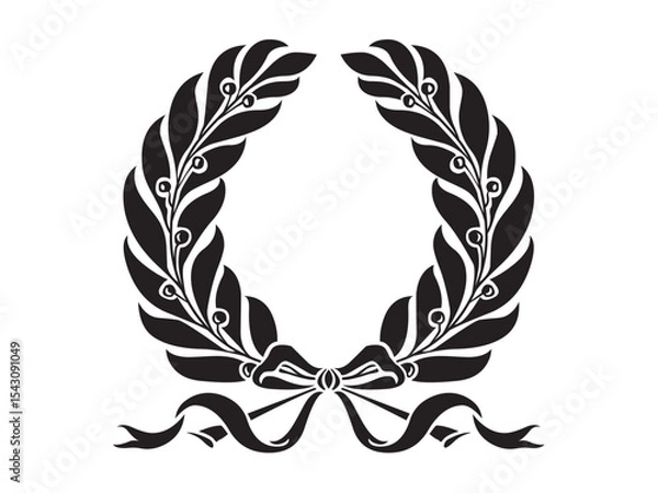 Fototapeta Vector isolated one single simple laurel leaves branch round frame for the winner medal colorless black and white outline silhouette shadow shape stencil solid black