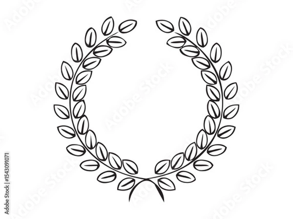 Fototapeta Vector isolated one single simple laurel leaves branch round frame for the winner medal colorless black and white outline silhouette shadow shape stencil solid black