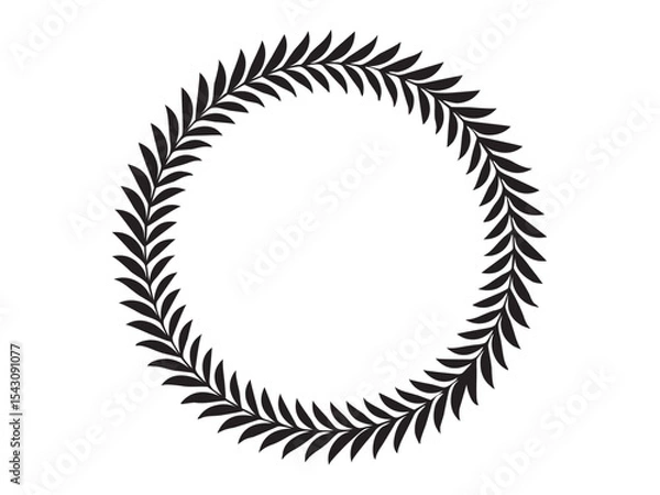 Fototapeta Vector isolated one single simple laurel leaves branch round frame for the winner medal colorless black and white outline silhouette shadow shape stencil solid black