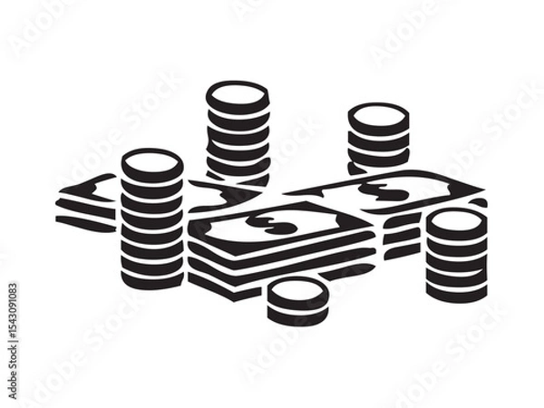 Fototapeta Vector isolated cash money coins and bills stack bundle colorless black and white outline silhouette shadow shape stencil solid black