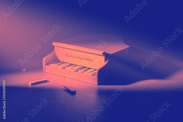 Obraz Small blue piano with a keyboard and a few wooden blocks on the table. The piano is not in good condition, and the blocks are scattered around it. Scene is somewhat melancholic. 3d render