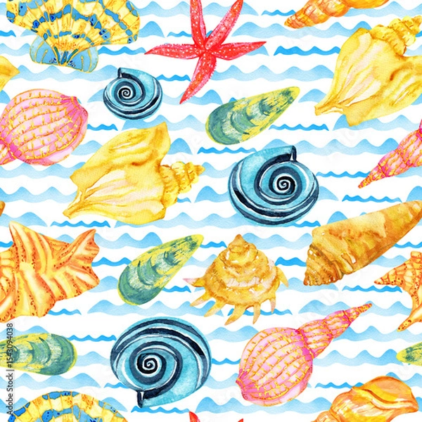 Fototapeta Seashells seamless pattern on sea wave background
