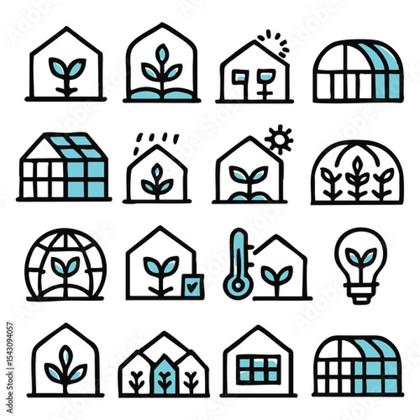 Obraz Greenhouse Icons HandDrawn Style with Plants Weather and Sustainability Elements.