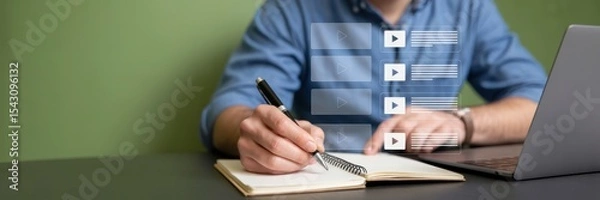 Obraz Person taking notes with a pen and notebook, video player interface overlay.