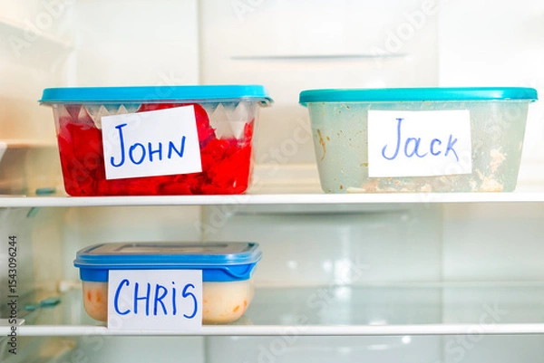 Fototapeta Office lunch containers with handwritten name stickers in shared fridge. Healthy food preparation for work office study.