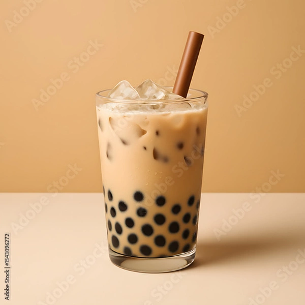 Fototapeta Iced Bubble Tea in Glass with Straw