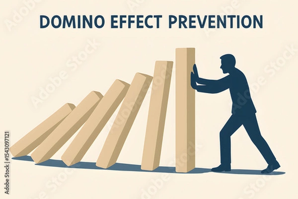 Obraz Preventing the Cascade: An illustration encapsulates the critical moment of preventing a domino effect, with a figure decisively holding back the falling blocks, symbolizing proactive control.