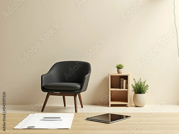 Fototapeta A serene and minimalist workspace featuring a modern chair tablet and greenery embodying a tranquil and productive remote work environment