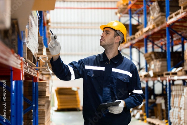 Fototapeta Man paper warehouse worker holding tablet checking inspecting quality cardboard corrugated carton in storage. Large industry in paper product line manufacturing.