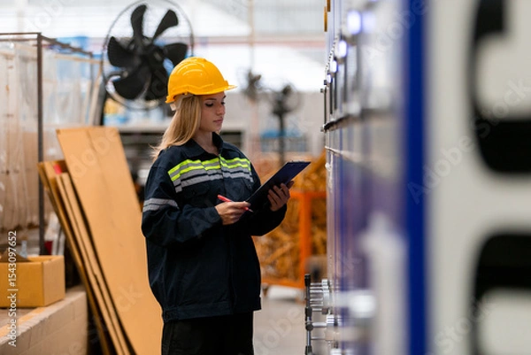 Fototapeta Women paper warehouse worker check quality and quantity cardboard corrugated carton in storage stock product with computer system at CNC automation. Large industry in paper production line.