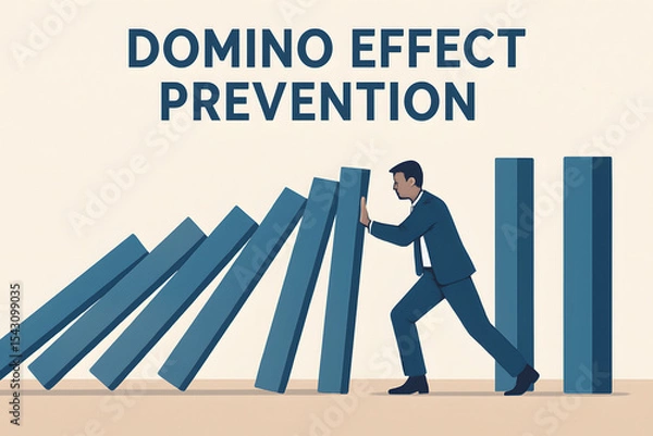 Obraz Domino Effect Prevention: An image of a person struggling to prevent a row of dominoes from falling, illustrating efforts to stop a chain reaction or a series of events from occurring.