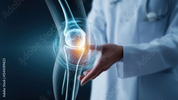 Obraz The doctor diagnoses the knee: a medical professional examines a human knee with innovative technology showing glowing internal structures of the joint.