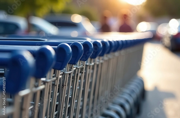 Obraz Close-up of a row of shopping carts lined up in a grocery store parking lot.
