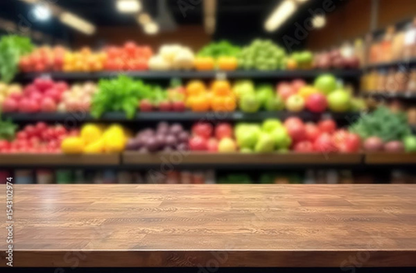Obraz An empty wooden table in a blurred background of a grocery store displaying fresh fruits and vegetables