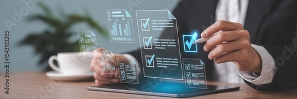 Fototapeta Person interacting with digital checklist documents on a tablet.