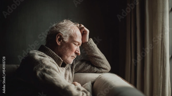 Obraz Elderly man resting on couch with hand on head looking thoughtful and calm near window light in cozy room