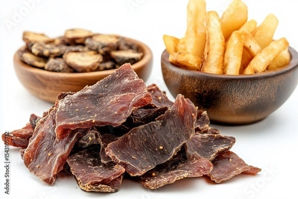 Fototapeta Dried meat biltong with crispy fries and savory snacks on white background