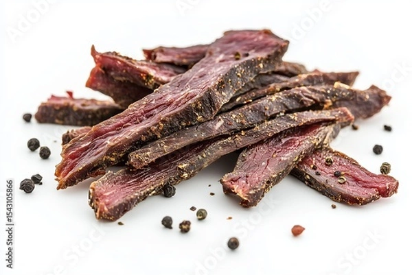 Fototapeta Thin air-dried spiced beef strips of biltong arranged on a clean white background with peppercorns scattered around