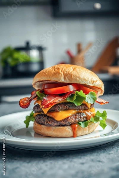 Fototapeta Delicious Double Bacon Cheeseburger on a Plate