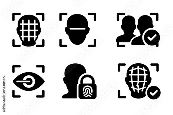 Obraz Facial Recognition Icons. Solid style icons of facial recognition and biometrics: face grid, scanning lines, match found icon, eye