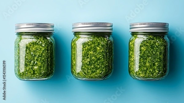 Obraz Pesto sauce in three jars on a blue background