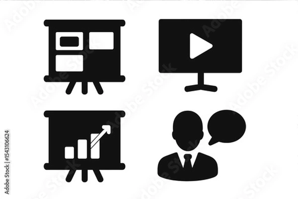 Obraz Social Media Icon Set. Solid style icons of social media presentations: slideshow tile, video preview, key slide, speaker bubble.