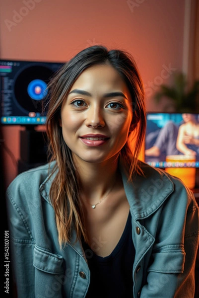 Fototapeta Smiling Woman in Front of Computer Screens