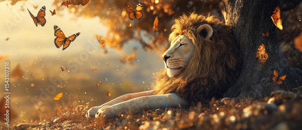 Fototapeta High-fidelity photography of a serene lion resting in a calm natural setting